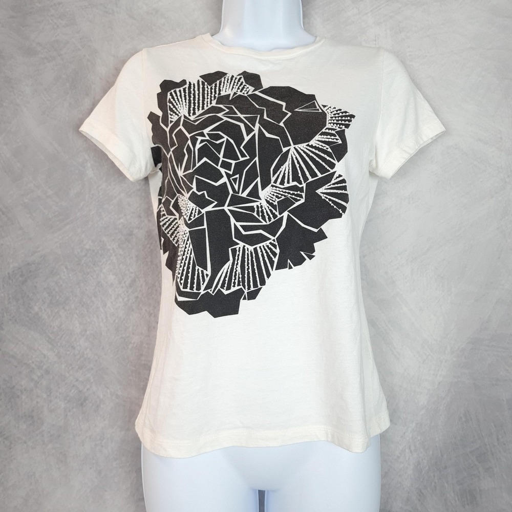 Shanghai Tang T Shirt Womens Medium White Beaded Floral Rose Baby Tee